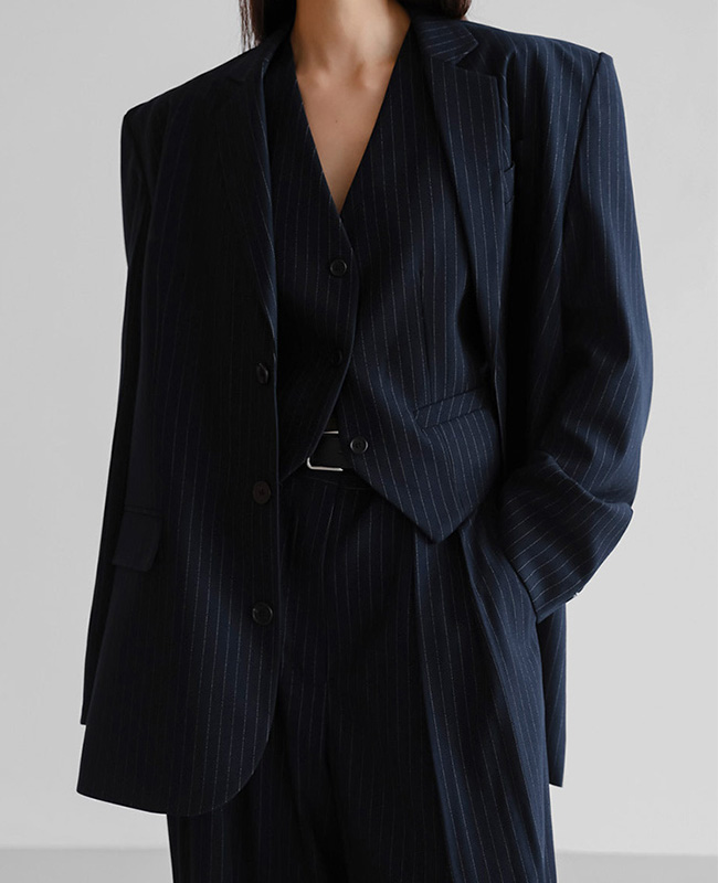 Autumn style striped profile suit side buckle two-way wear design sense loose blazer oversize loose pant two-piece set Blazer 