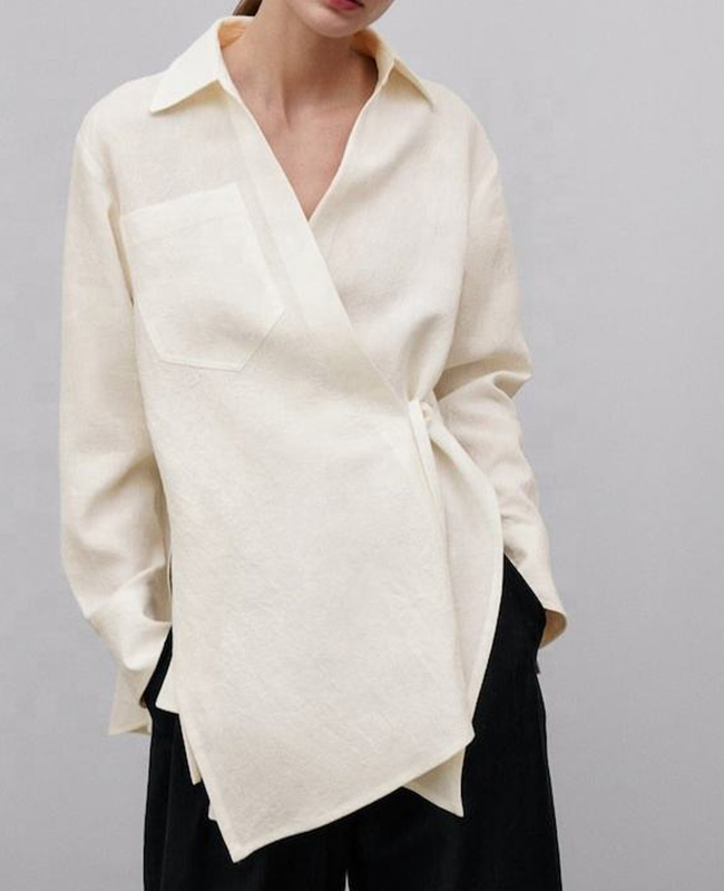 Tong Rui Ivory Linen Short Kimono V Neck Crossover Closing with A Bow Tie Top women linen shirt